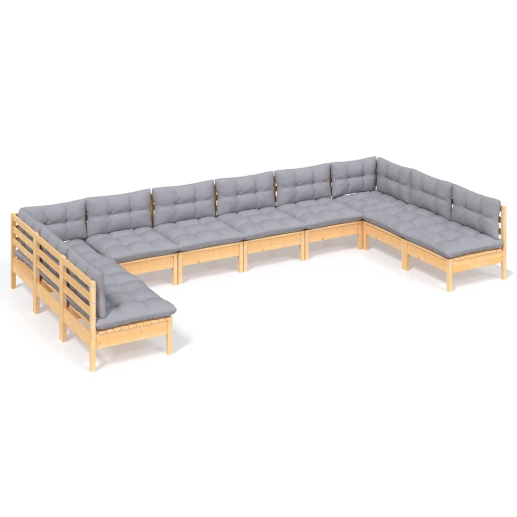 10-tlg. Garten-Lounge-Set mit Grauen Kissen Kiefer Massivholz